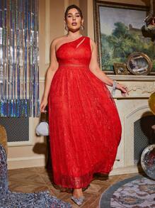 Glamaker 大碼單肩蕾絲覆蓋舞會洋裝 - 紅色 - 查看 1