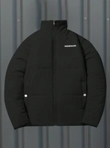 Claim Dot 宽松男士字母印花拉链开合夹棉外套（不含毛衣） - 黑色 - 查看 3