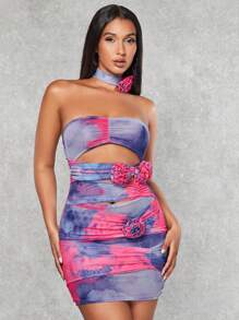 SHEIN BAE Tie Dye Cut Out 3d Rose Front Tube Bodycon Dress With Choker - Purple - View 1