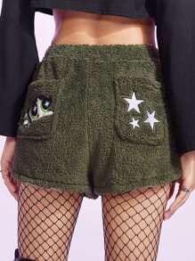 The Powerpuff Girls | ROMWE Shorts con bordado de estrella teddy - Verde militar - Ver 1