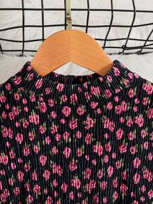 SHEIN 女童丝绒褶皱印花高领中长连衣裙，秋冬款 - 黑色 - 查看 3