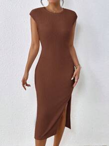 SHEIN Frenchy Vestido de mujer con textura y raja frontal - Café integral - Ver 4
