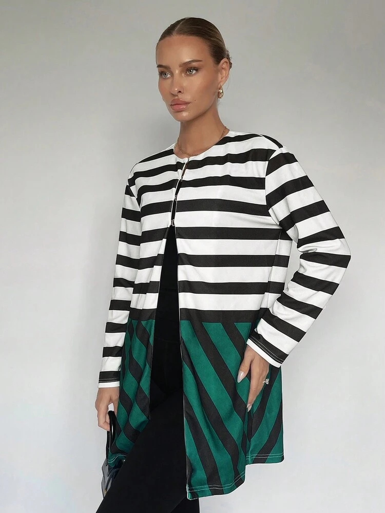 SHEIN Maija Abrigo con estampado de rayas con parte delantera abierta