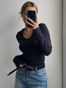 DAZY 纯色V领罗纹针织长袖T恤（女款） - 藏蓝色 - 查看 4