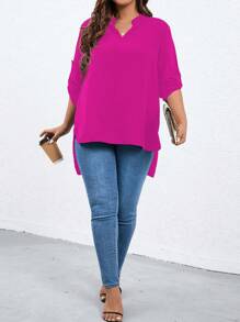 SHEIN LUNE Hơn Đường viền cổ có rãnh Tay áo cuộn Hem cao thấp Áo sơ mi - Màu Hồng Tươi - Xem 1