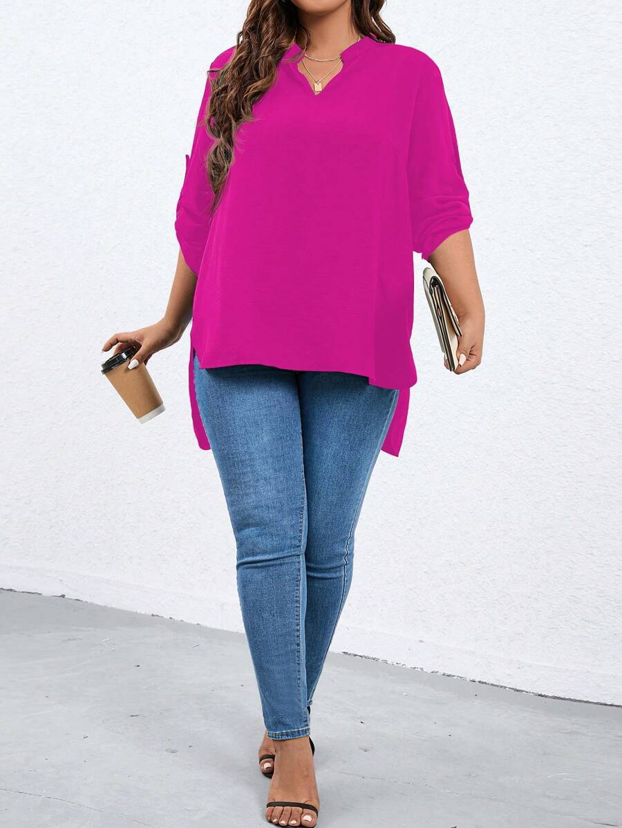 SHEIN LUNE Hơn Đường viền cổ có rãnh Tay áo cuộn Hem cao thấp Áo sơ mi - Màu Hồng Tươi - Xem 1