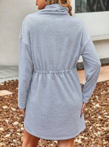 SHEIN Essnce 腰部抽繩落肩袖洋裝 - 淺灰色 - 查看 2