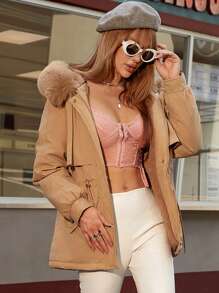 Eo dây rút Túi có nắp Trang trí Fuzzy áo có mũ Áo khoác Parka - Màu Khaki - Xem 1