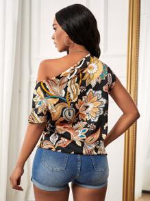 SHEIN Lady 佩斯利印花不對稱領襯衫 - 黑色 - 查看 2