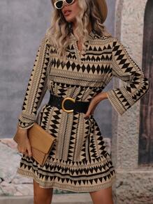 SHEIN LUNE In Địa lý Cổ có Lỗ hổng Xù Hoa Sen Váy Smock Không có thắt lưng - Màu Khaki - Xem 6