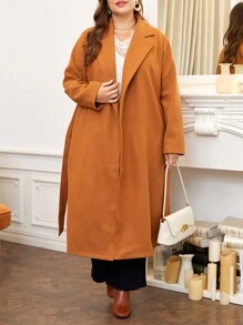 SHEIN Clasi Hơn Cổ áo Thắt lưng Áo khoác - Lạc đà - Xem 6