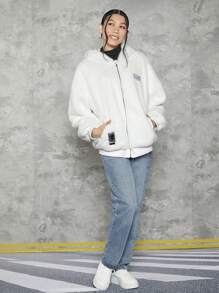 青少年女孩字母貼布落肩袖連帽毛絨夾克 - 白色 - 查看 6