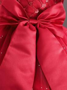 SHEIN Glamorique Kids Tween Girl Polka Dot Embroidery Bow Front High Low Hem Gown Dress for Christmas - Burgundy - View 3