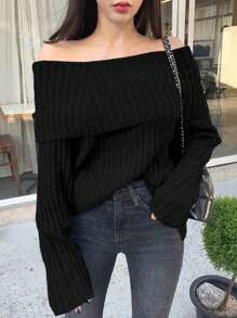 DAZY Solid Foldover Bardot Sweater Off Shoulder Sweater,Fall Women Clothes - Black - View 3