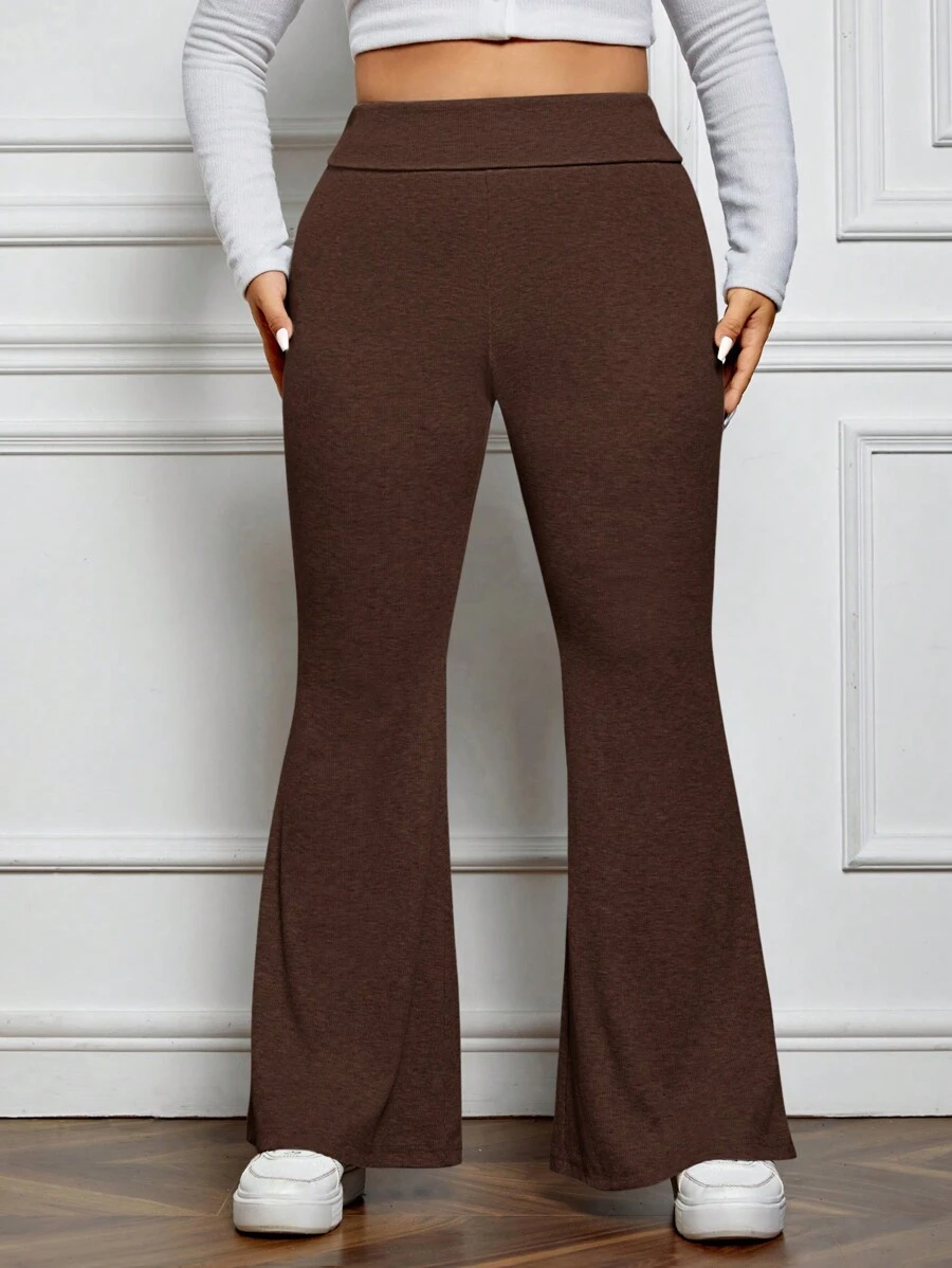 SHEIN EZwear 大碼高腰喇叭褲 - 棕色 - 查看 1