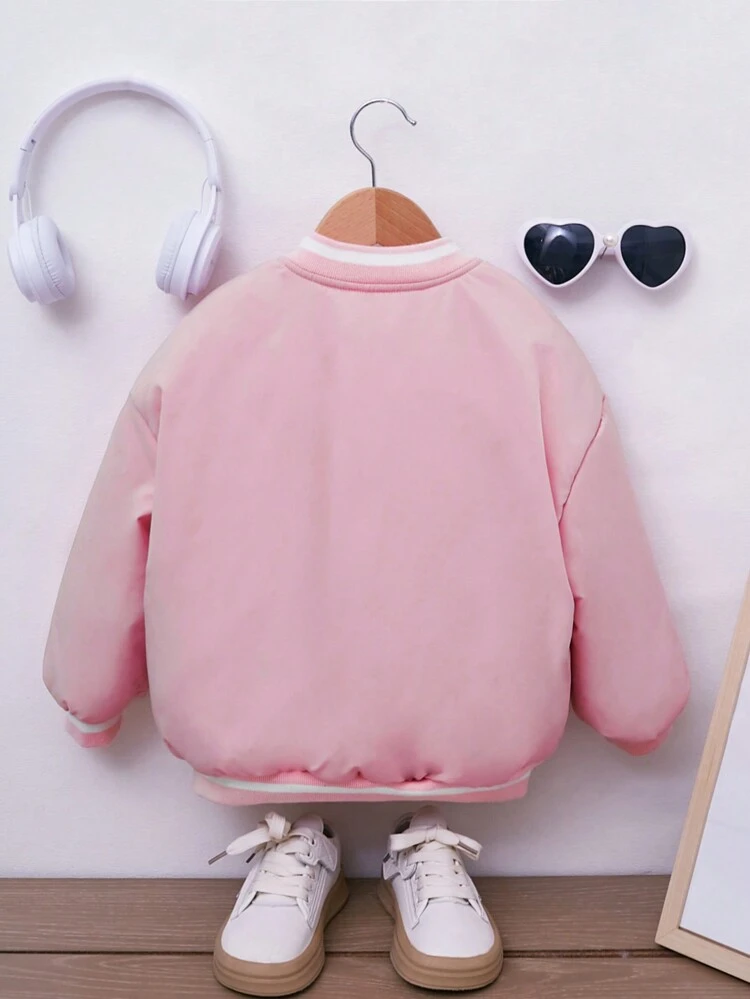 Young Girl Letter Graphic Striped Trim Drop Shoulder Bomber Jacket