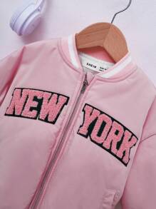 SHEIN Young Girl Letter Graphic Striped Trim Drop Shoulder Bomber Jacket