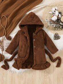 Baby Girl Ruffle Hem Hooded Belted Fuzzy Coat - Multicolor - View 6