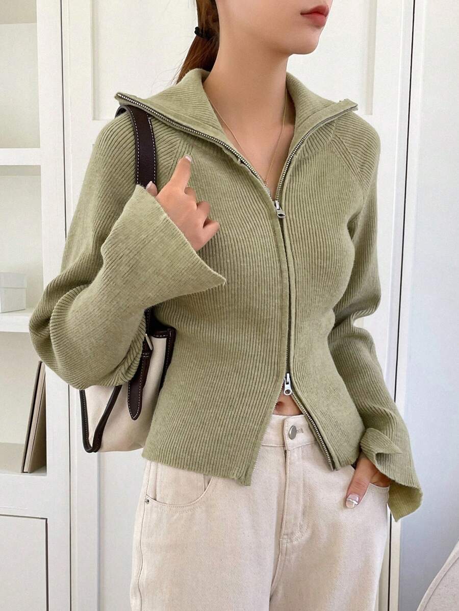 DAZY Zip Up Raglan Sleeve Ribbed Knit Cardigan,Long Sleeve Tops