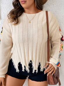 SHEIN VCAY Plus Floral Pattern Drop Shoulder Distressed Sweater - Multicolor - View 5