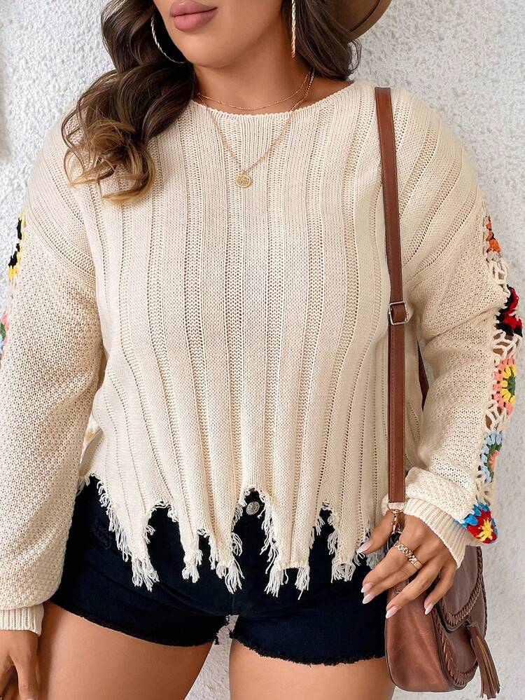 Plus Floral Pattern Drop Shoulder Distressed Sweater
