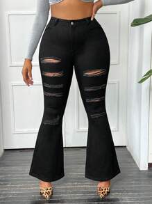 SHEIN SXY Plus Ripped Flare Leg Jeans - Black - View 1