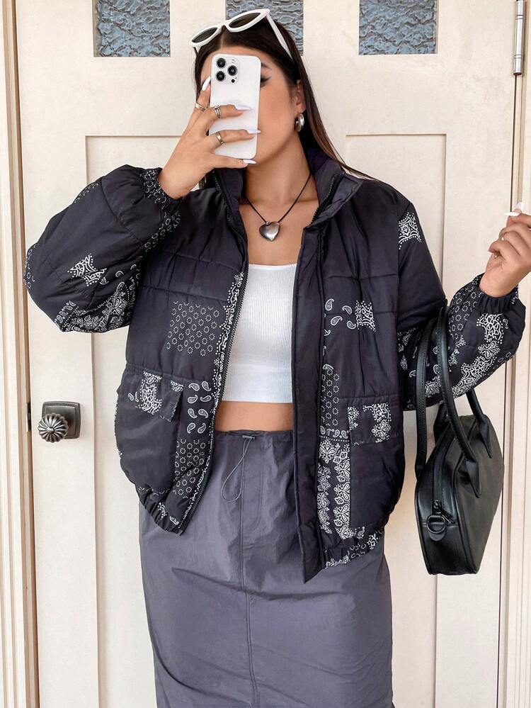 Plus Paisley Scarf Print Zip Up Padded Padded Coat Clothes Winter Fall Cloth For Women