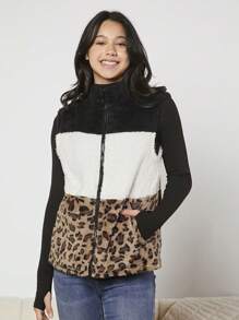 Tienermeisje Luipaardpatroon Kleurblok Met rits Teddy Vest jas