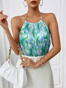 SHEIN Privé Top halter con estampado floral plisado
