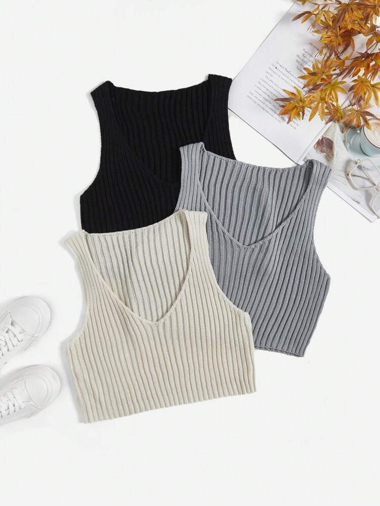Plus 3pcs Ribbed Knit Sweater Vest