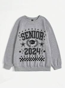 Flirla Áo nỉ tay rớt vai in chữ Plus, áo nỉ chui đầu mùa thu. - Xám - Xem 4