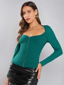 SHEIN Clasi 雞心領口拉鏈開襟T恤 - 綠色 - 查看 6