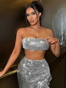 SHEIN SXY New Year Sequin Crop Tube Top - Silver - View 4