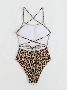 Leopard Print Back Cross One-piece Swimsuit, Random Print - Multicolor - View 2