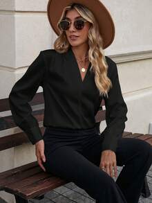 SHEIN LUNE Solid  V Neck Blouse - Black - View 3