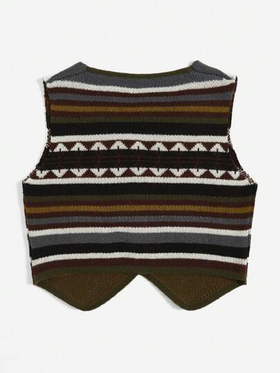 Chaleco De Suéter Con Botones Delanteros, Rayas De Bloques De Color Para Mujeres