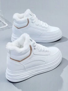 Women's Winter High-Top Sneakers - Thick Thermal Lined , Non-Slip Thick Sole, Fashionable Geometric Pattern Design, Lace-Up Closure - Khaki - View 2