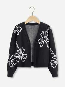 SHEIN Cô gái Tween Mô hình hoa Áo len Duster - màu đen - Xem 1