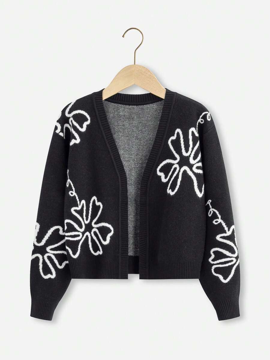 SHEIN Cô gái Tween Mô hình hoa Áo len Duster - màu đen - Xem 1