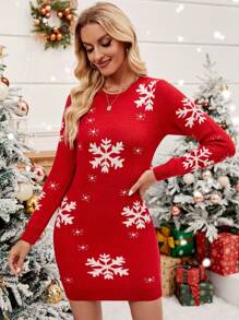 SHEIN Frenchy 女款雪花圖案紅色圓領長袖毛衣裙,適合聖誕節穿著 - 紅色 - 查看 3