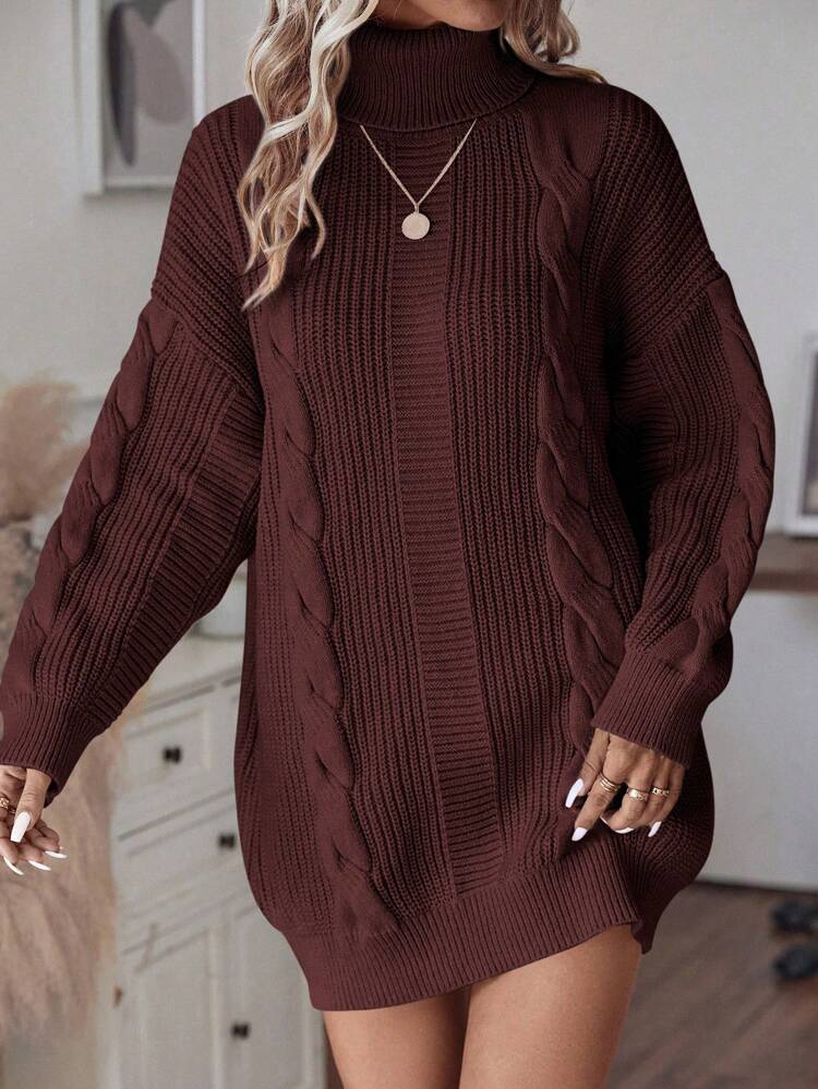 Turtleneck Cable Knit Drop Shoulder Sweater Dress Fall Winter Cloth For Women