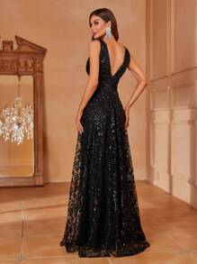 Elisanya Elegant V-Neck Sleeveless A-Line Sequin-Decor Dress – Lightweight Flowy Formal Gown For Spring-Summer – - Black - View 3