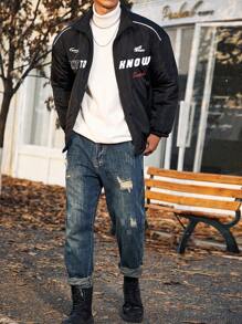 Manfinity Homme Men's Casual Letter Printed Padded Coat - Black - View 4