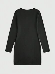 ROMWE Grunge Punk Embroidery Cross Pattern Notched Neck Dress - Black - View 2