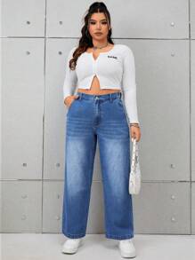 SHEIN EZwear 大碼斜口袋牛仔褲 - 中等水洗藍 - 查看 3