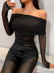 Flirla 露肩褶饰网眼拼接短款上衣 - 黑色 - 查看 7