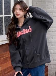DAZY Letter Graphic Drop Shoulder Drawstring Zipper Hoodie