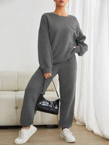SHEIN EZwear Letter Patched Drop Shoulder Sweatshirt & Sweatpants - Dark Grey - View 5