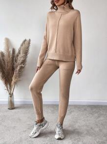 SHEIN LUNE Turtleneck Drop Shoulder Sweater & Knit Pants - Apricot - View 5