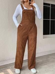 SHEIN LUNE Plus Slant Pocket Corduroy Overall Jumpsuit Without Tee - Khaki - View 4